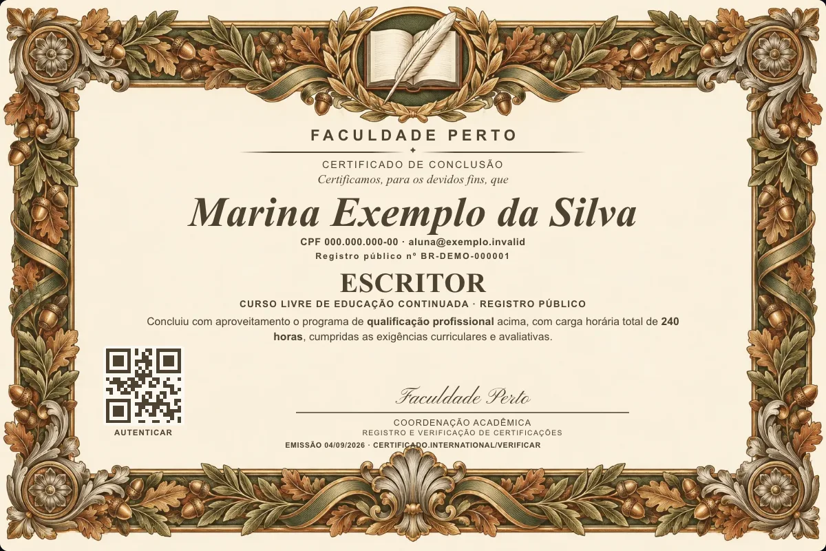 Modelo do certificado do curso de Escritor grátis: registro público, QR de verificação e assinaturas — exemplo com dados fictícios.