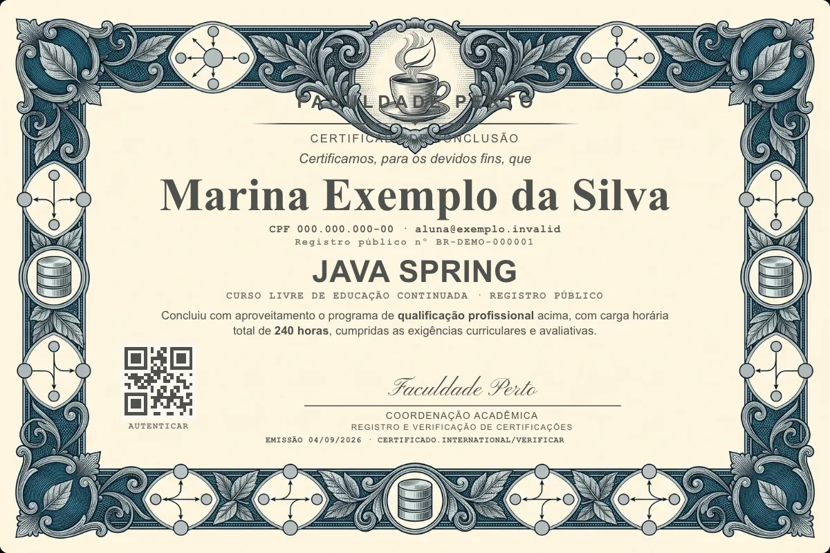 Modelo do certificado do curso de Java Spring grátis: registro público, QR de verificação e assinaturas — exemplo com dados fictícios.
