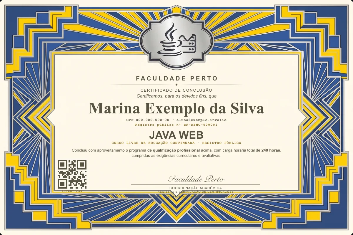 Modelo do certificado do curso de Java Web grátis: registro público, QR de verificação e assinaturas — exemplo com dados fictícios.