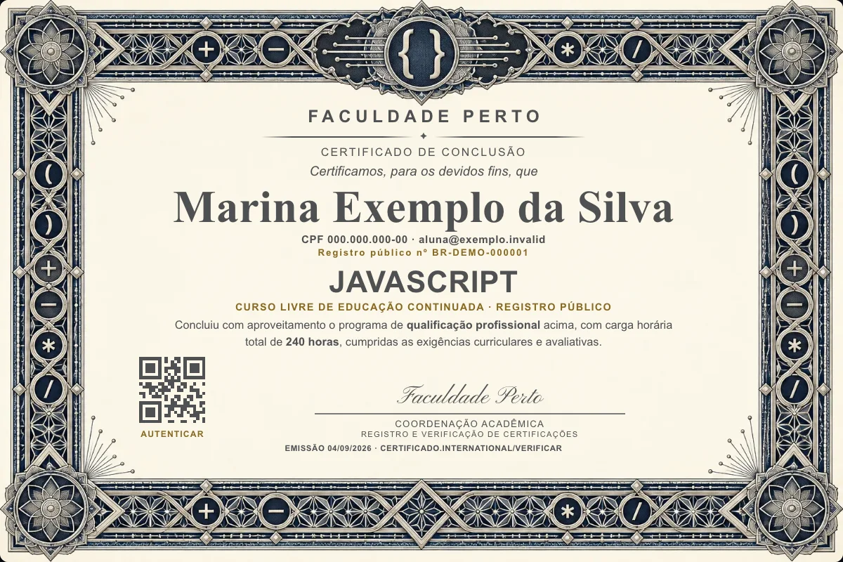 Modelo do certificado do curso de Javascript grátis: registro público, QR de verificação e assinaturas — exemplo com dados fictícios.