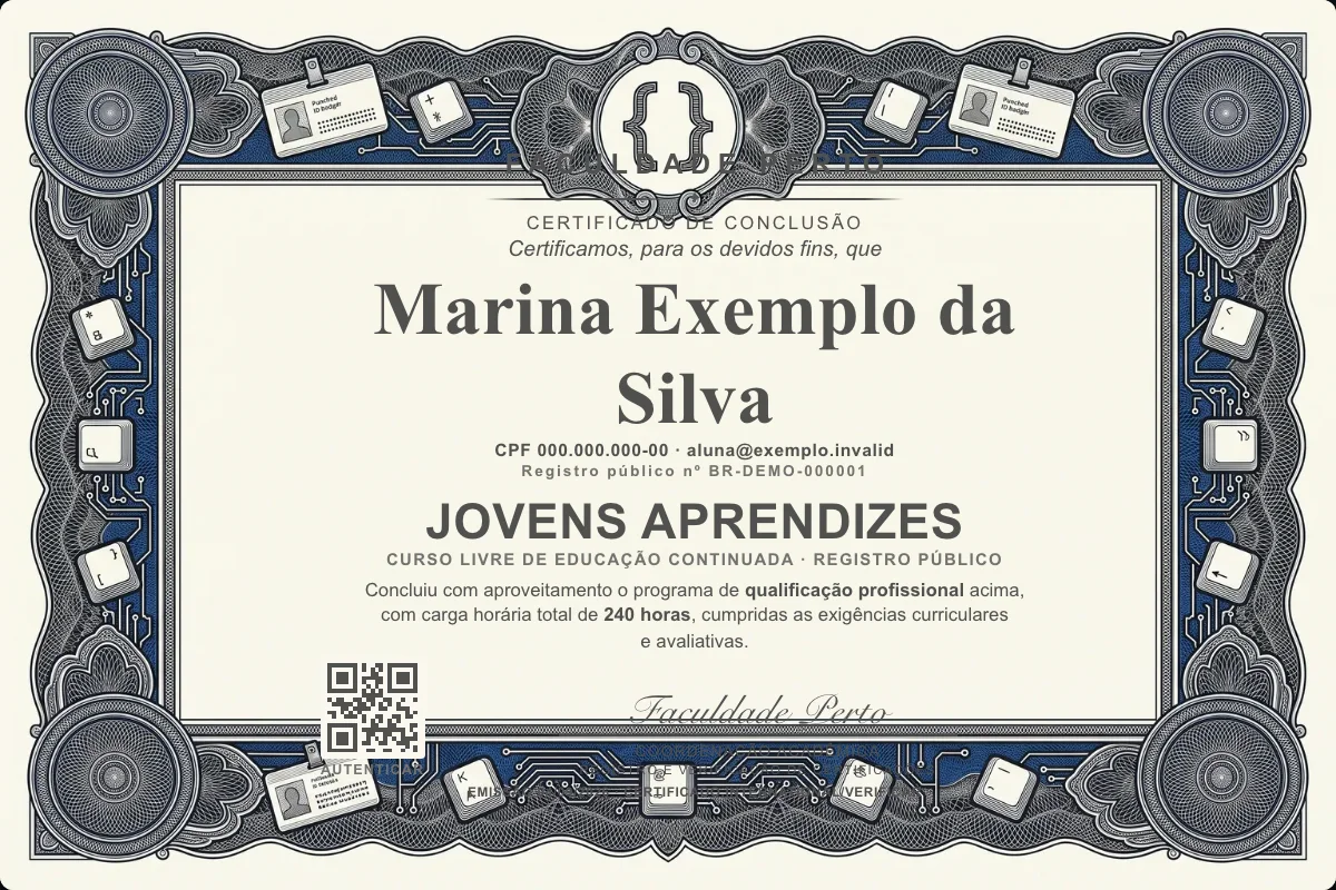 Modelo do certificado do curso de Jovens Aprendizes grátis: registro público, QR de verificação e assinaturas — exemplo com dados fictícios.