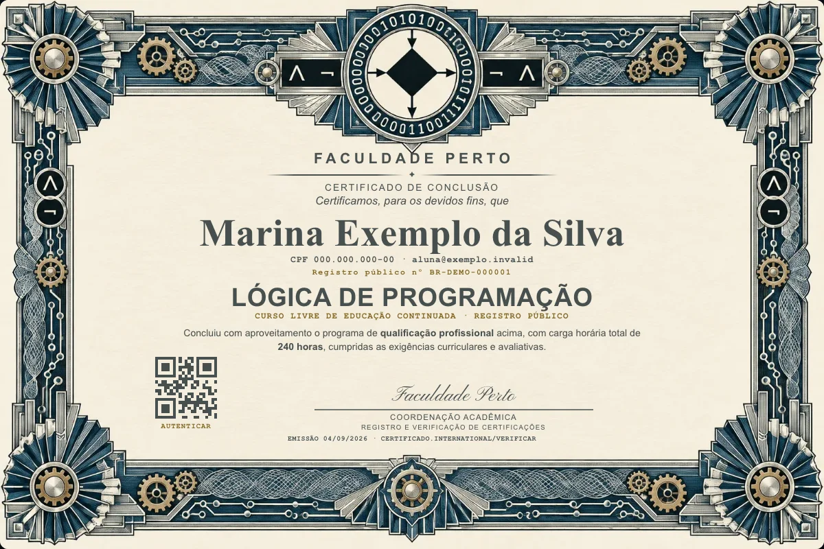 Modelo do certificado do curso de Lógica de Programação grátis: registro público, QR de verificação e assinaturas — exemplo com dados fictícios.