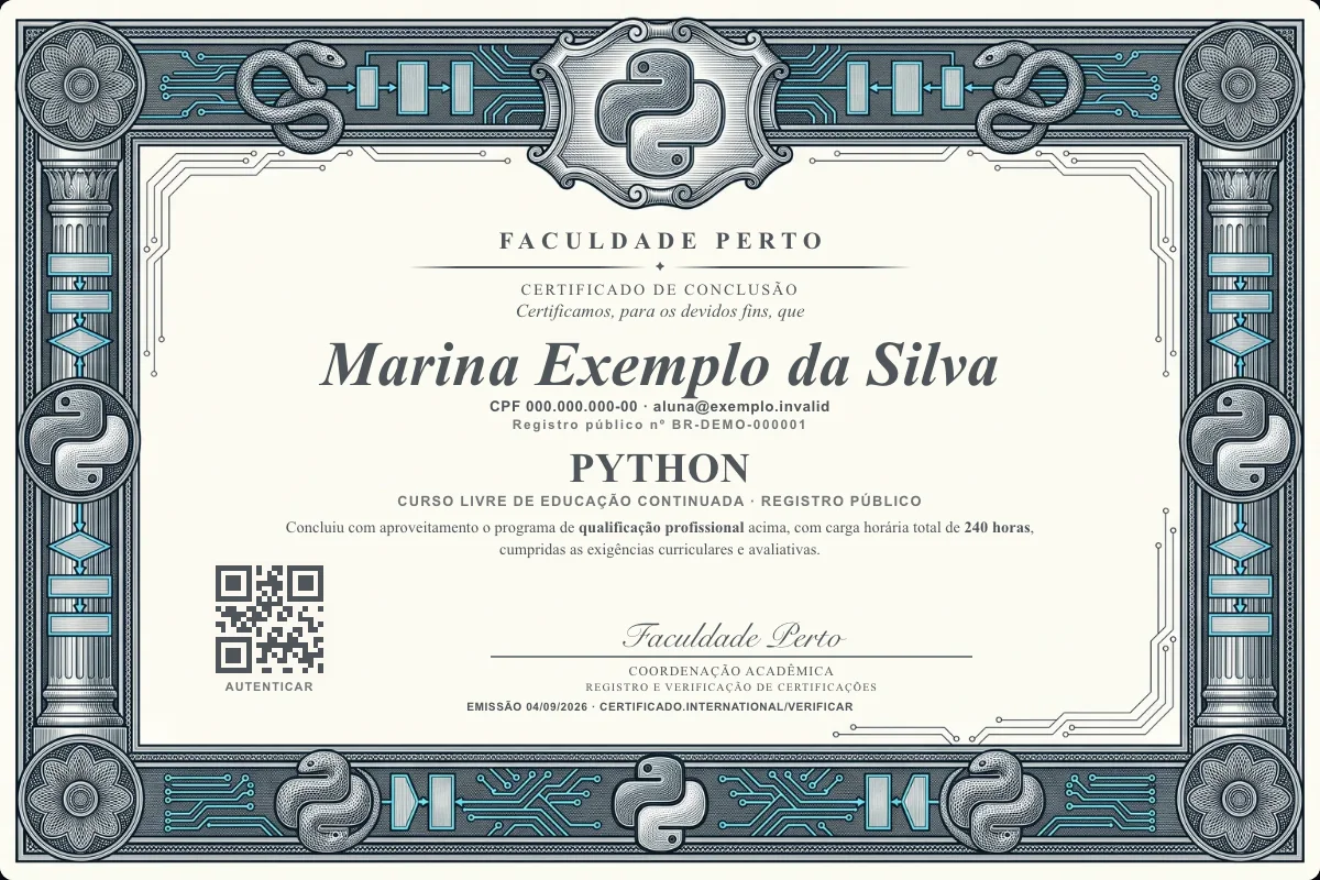 Modelo do certificado do curso de Python grátis: registro público, QR de verificação e assinaturas — exemplo com dados fictícios.