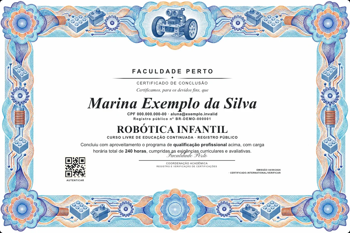 Modelo do certificado do curso de Robótica Infantil grátis: registro público, QR de verificação e assinaturas — exemplo com dados fictícios.