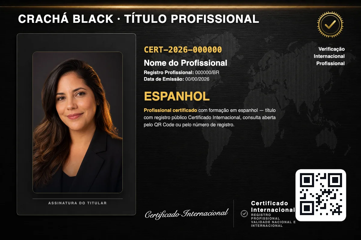 Crachá profissional black do Faculdade Perto com título de Espanhol, número de registro e QR Code. Dados fictícios.