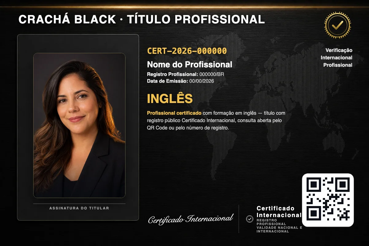 Crachá profissional black do Faculdade Perto com título de Inglês, número de registro e QR Code. Dados fictícios.