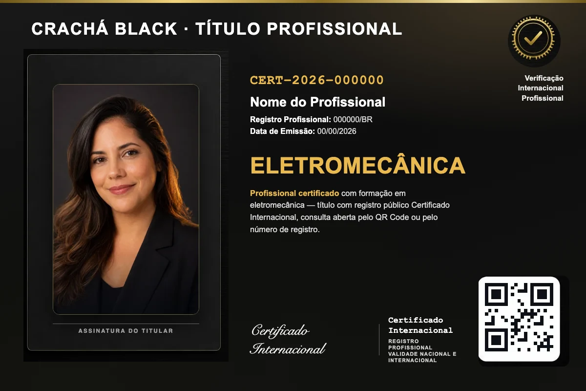 Crachá Black do título profissional de Eletromecânica, com foto, QR Code e número de registro