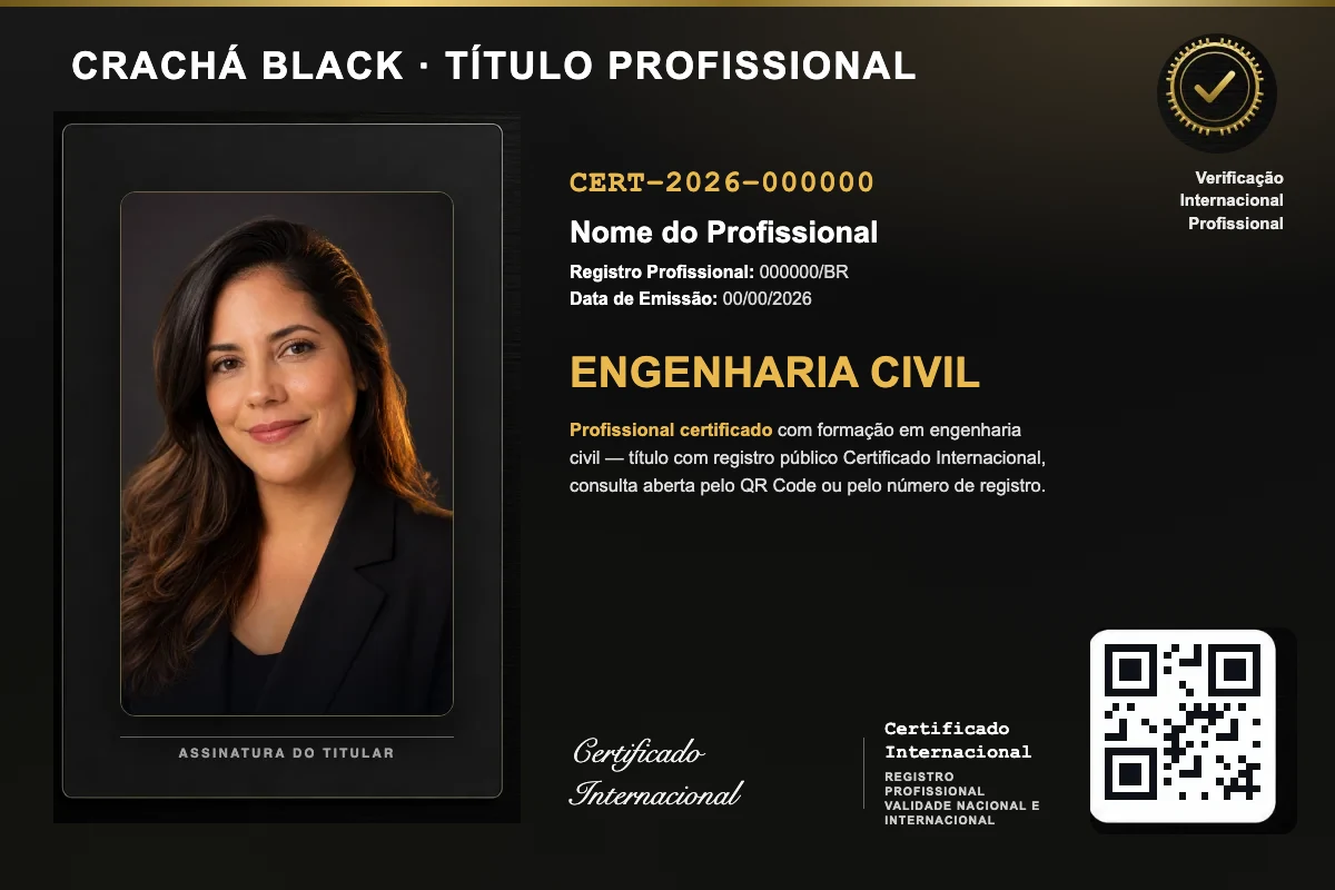 Crachá Black do título profissional de Engenharia Civil, com foto, QR Code e número de registro