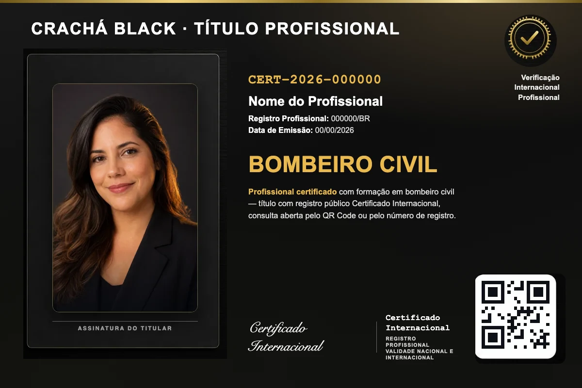 Crachá Black do título profissional de Bombeiro Civil, com foto, QR Code e número de registro