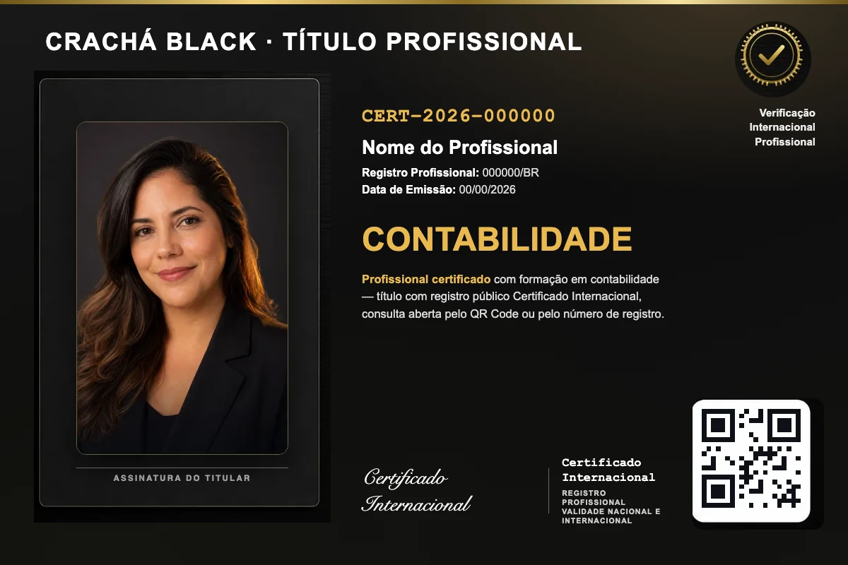 Crachá Black do título profissional de Contabilidade, com foto, QR Code e número de registro
