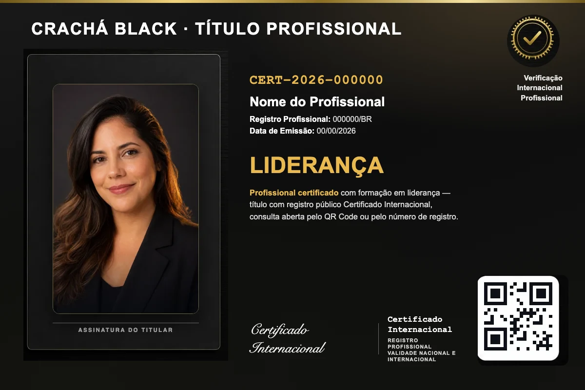 Crachá Black do título profissional de Liderança, com foto, QR Code e número de registro