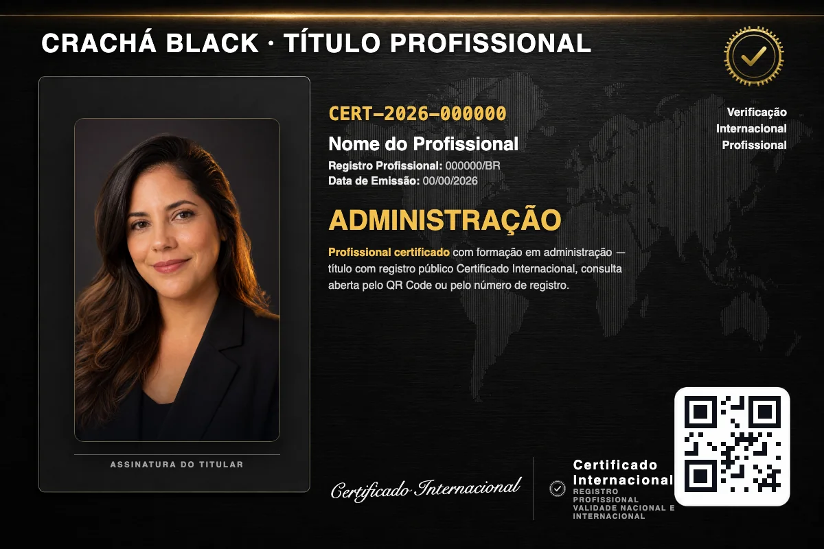 Crachá profissional black do Faculdade Perto com título de Administração, número de registro e QR Code. Dados fictícios.