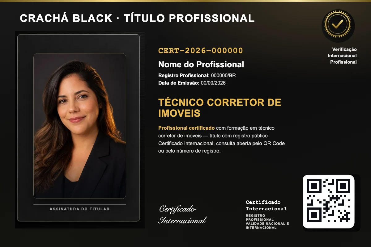 Crachá Black do título profissional de Técnico Corretor de Imoveis, com foto, QR Code e número de registro