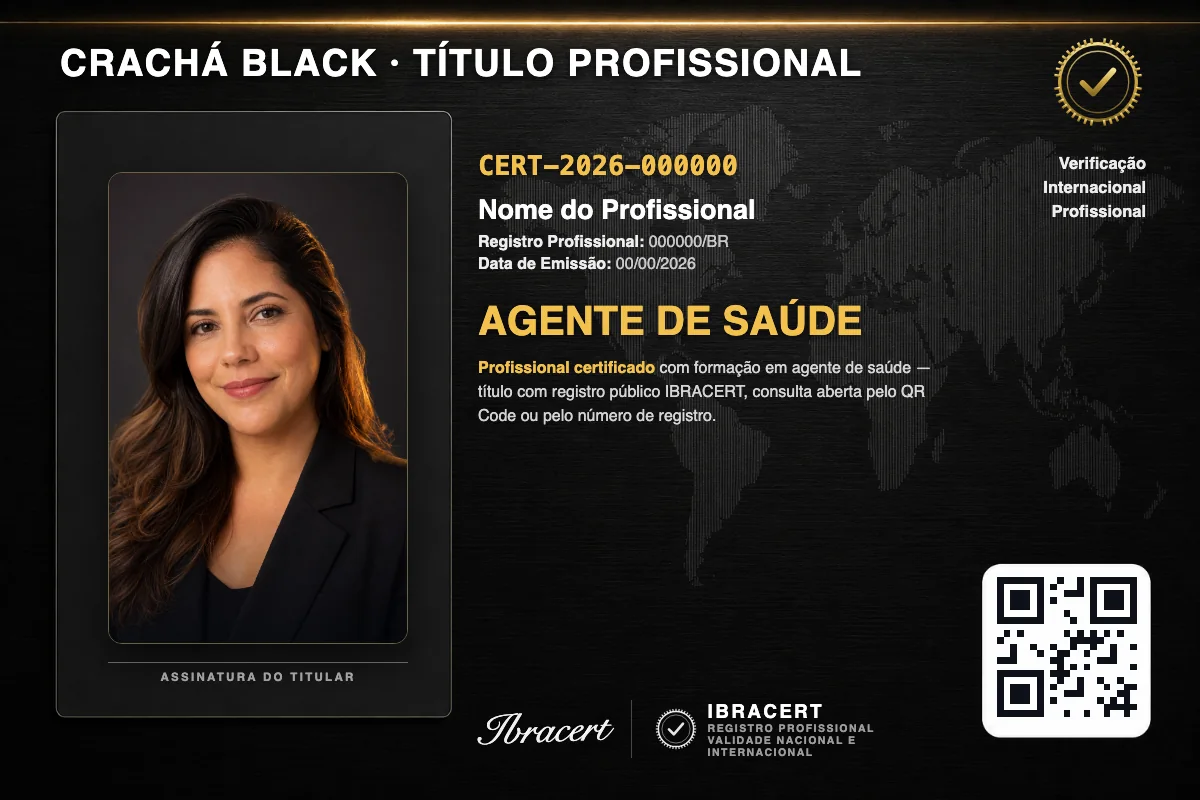 Crachá profissional black do Faculdade Perto com título de Agente de Saúde, número de registro e QR Code. Dados fictícios.