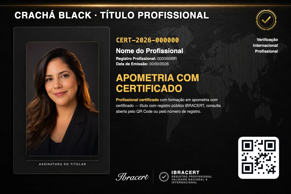 Crachá profissional black do Faculdade Perto com título de Apometria com Certificado, número de registro e QR Code. Dados fictícios.