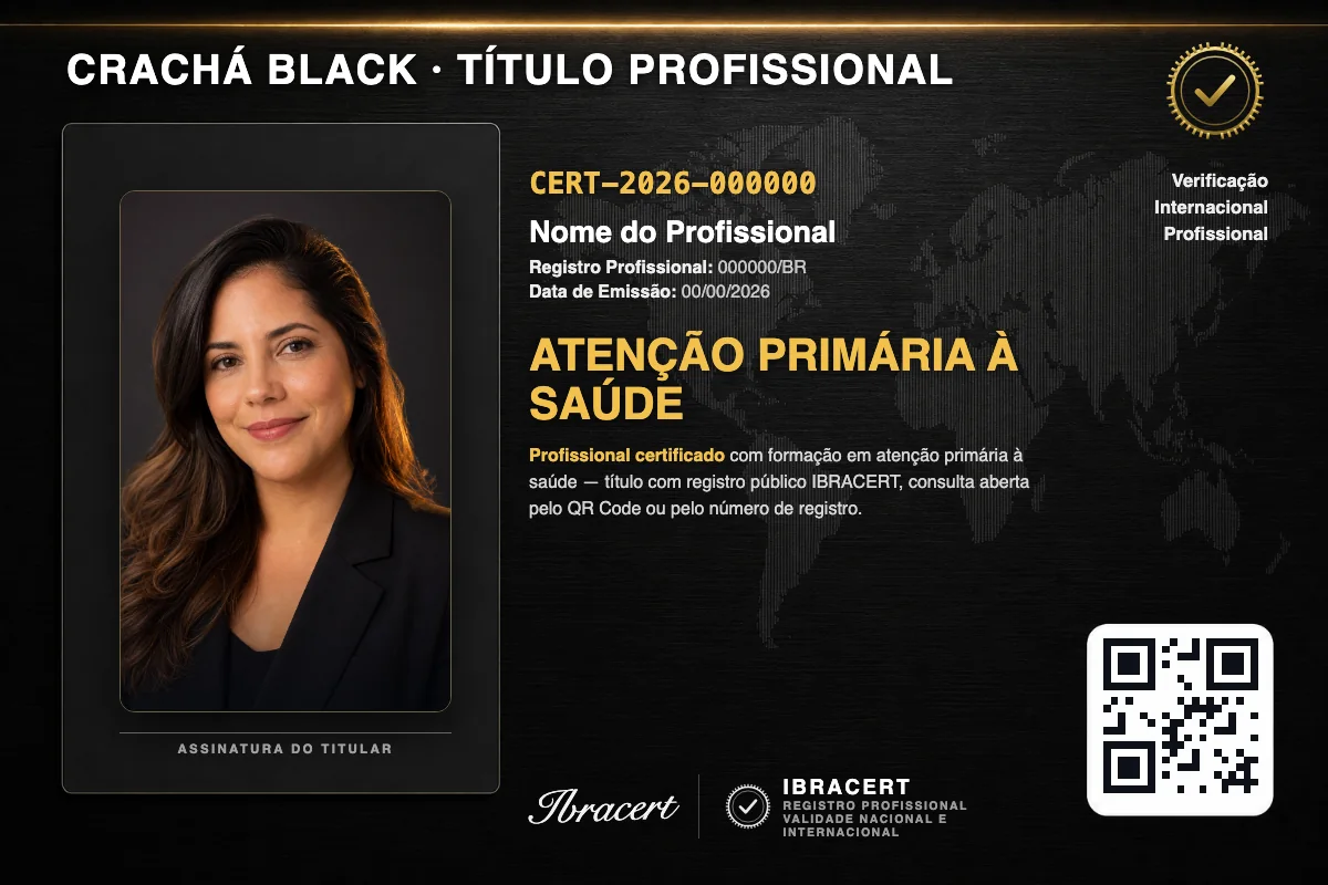 Crachá profissional black do Faculdade Perto com título de Atenção Primária à Saúde, número de registro e QR Code. Dados fictícios.