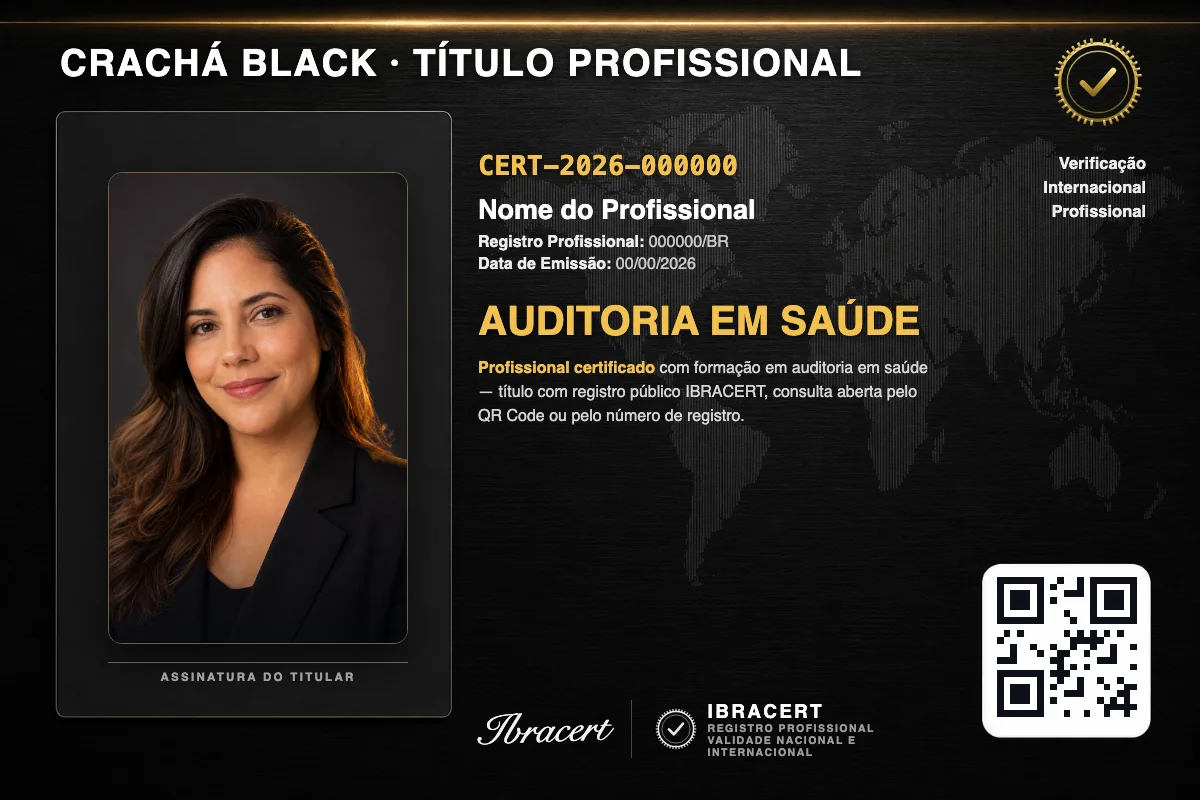 Crachá profissional black do Faculdade Perto com título de Auditoria em Saúde, número de registro e QR Code. Dados fictícios.