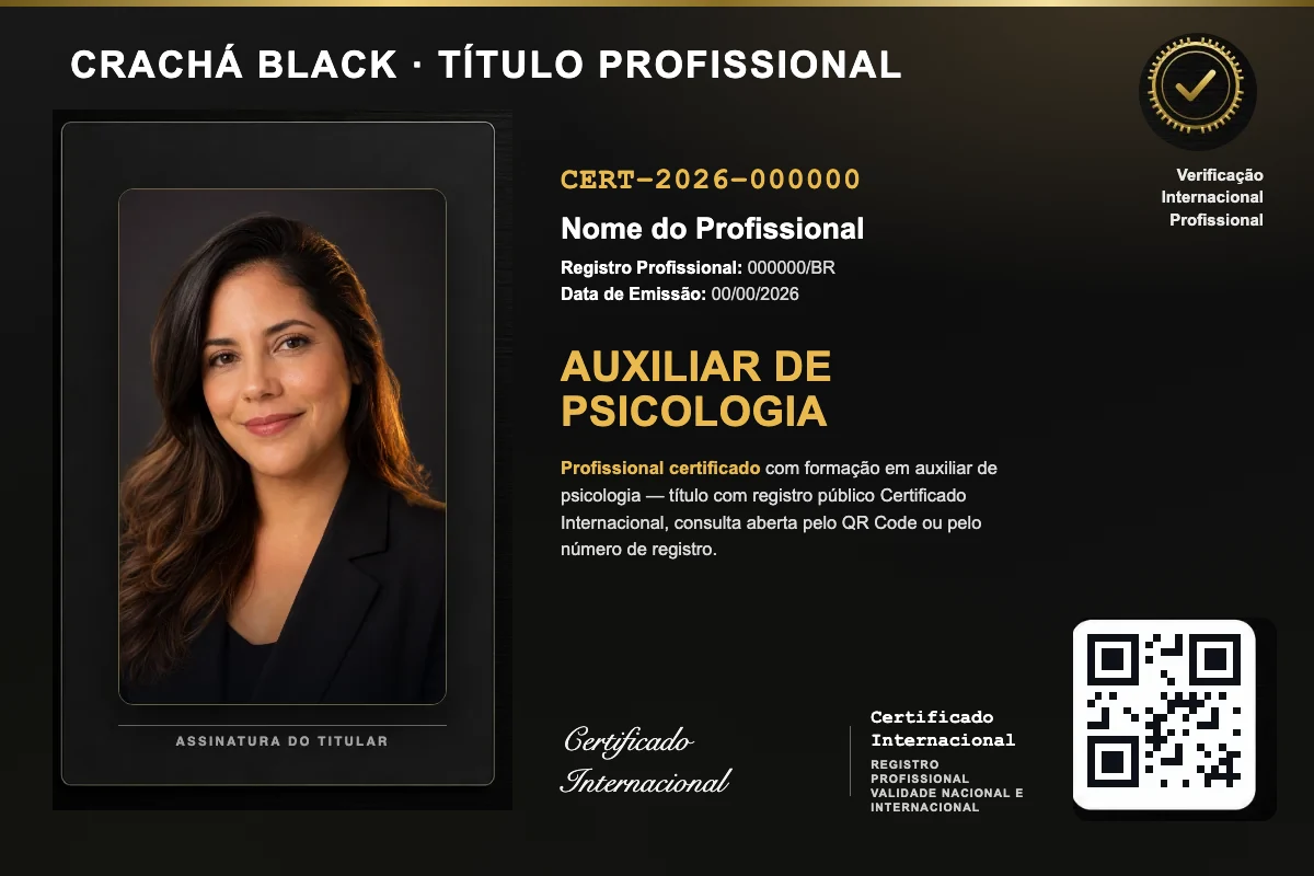 Crachá Black do título profissional de Auxiliar de Psicologia, com foto, QR Code e número de registro
