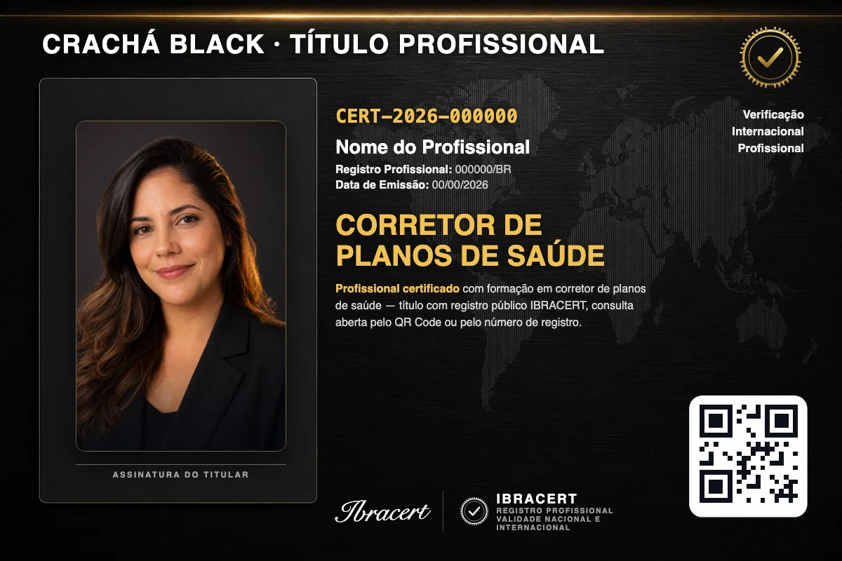 Crachá profissional black do Faculdade Perto com título de Corretor de Planos de Saúde, número de registro e QR Code. Dados fictícios.