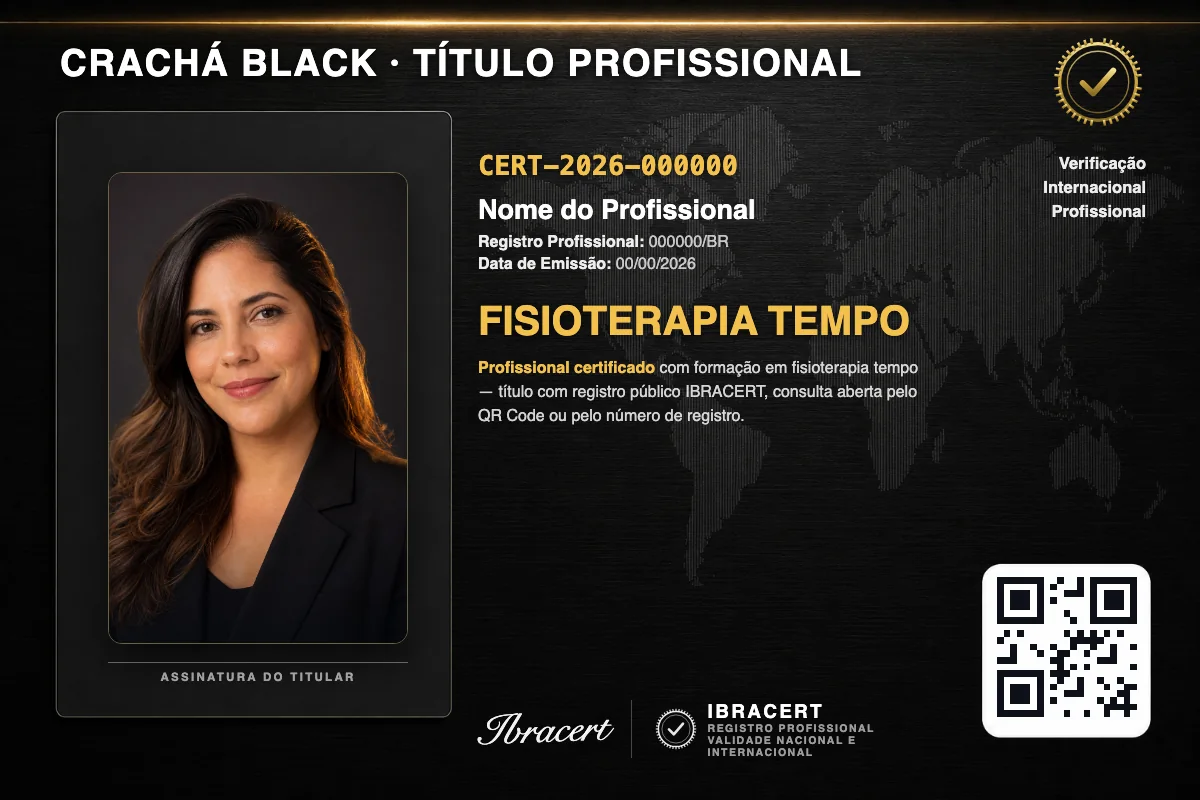 Crachá profissional black do Faculdade Perto com título de Fisioterapia Tempo, número de registro e QR Code. Dados fictícios.