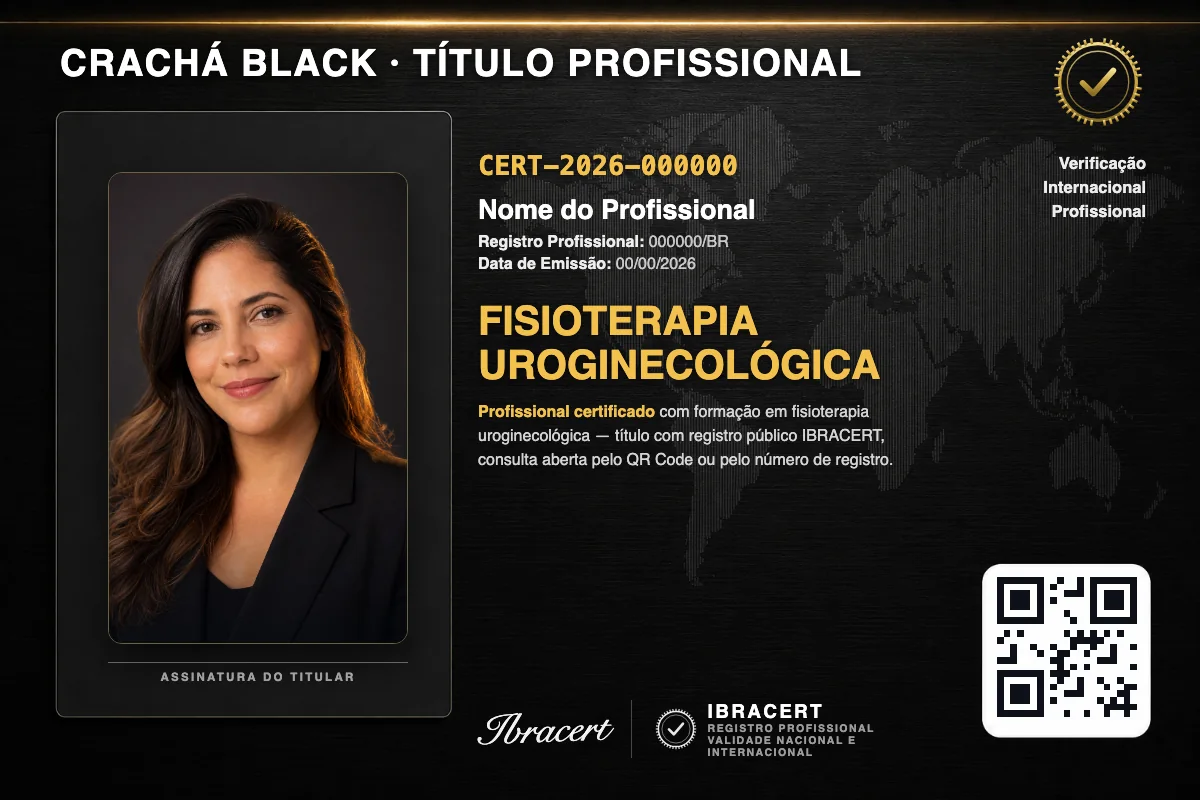 Crachá profissional black do Faculdade Perto com título de Fisioterapia Uroginecológica, número de registro e QR Code. Dados fictícios.