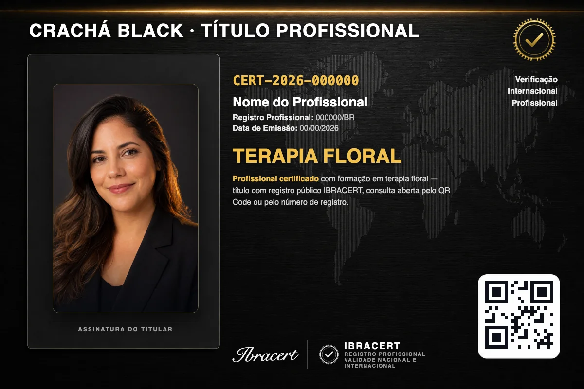 Crachá profissional black do Faculdade Perto com título de Terapia Floral, número de registro e QR Code. Dados fictícios.
