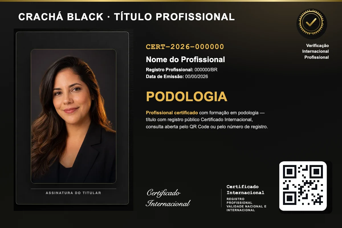 Crachá Black do título profissional de Podologia, com foto, QR Code e número de registro