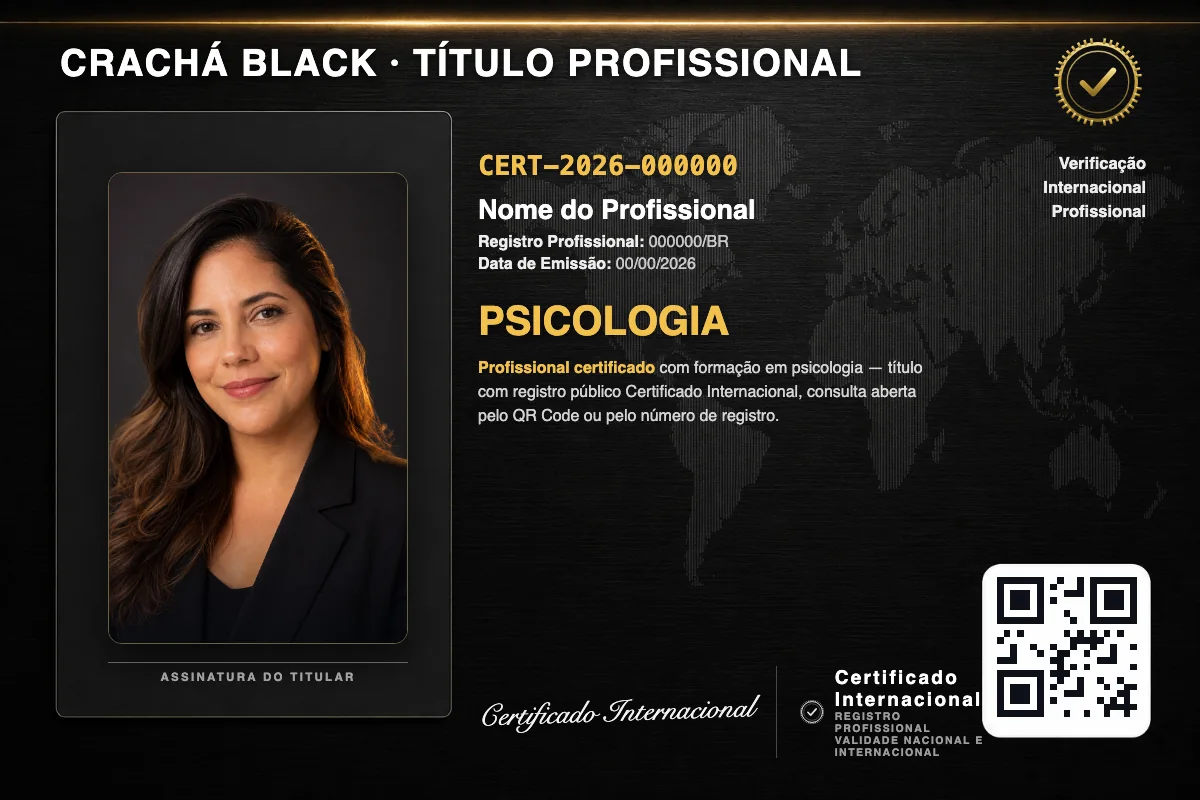Crachá profissional black do Faculdade Perto com título de Psicologia, número de registro e QR Code. Dados fictícios.