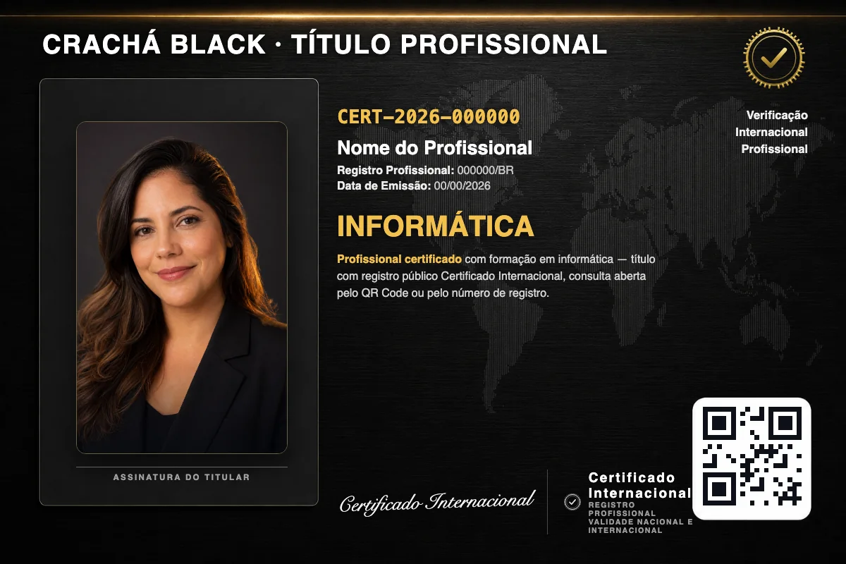 Crachá profissional black do Faculdade Perto com título de Informática, número de registro e QR Code. Dados fictícios.