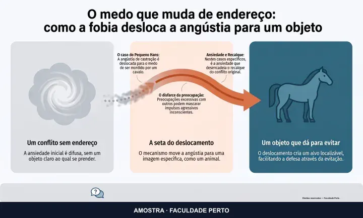 O medo que muda de endereço: como a fobia desloca a angústia para um objeto: infográfico ilustrado do curso Psicanálise e Ansiedade
