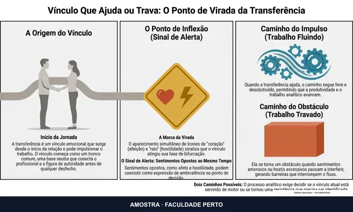 Vínculo Que Ajuda ou Trava: O Ponto de Virada da Transferência: infográfico ilustrado do curso Psicanálise e Trabalho