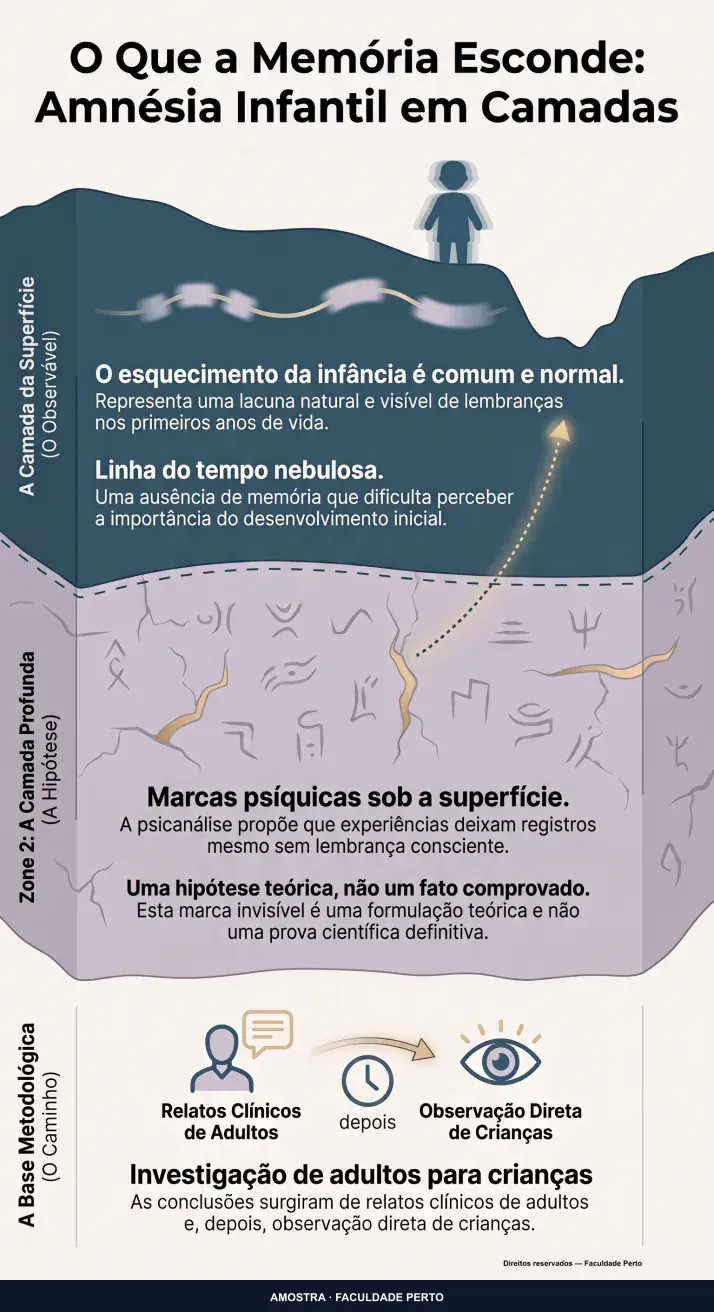 O Que a Memória Esconde: Amnésia Infantil em Camadas: infográfico ilustrado do curso Psicanálise e Sexualidade