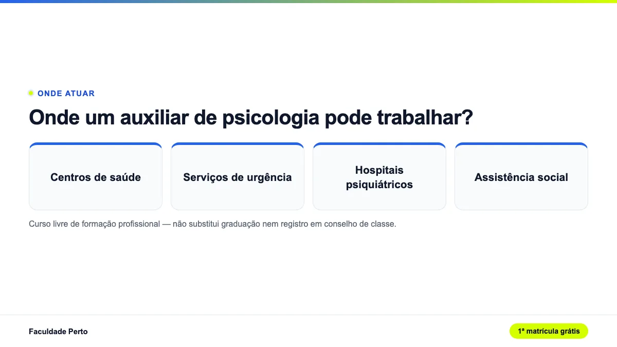 Infográfico com 4 campos de atuação de quem faz o curso de Auxiliar de Psicologia grátis
